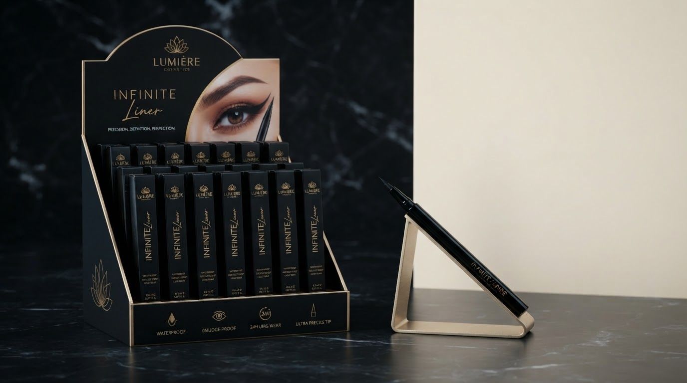 AI Design for Wide campaign hero photograph concept for Create a high-end social media campaign highlighting the 24-hour precision and smudge-proof performance of the Infinite Liner, using clean, minimalist aesthetics that focus on the bold black packaging.. Premium advertising composition with a clear focal product, cinematic lighting, clean negative space on one side for copy to be added later, no rendered words.
Incorporate the attached brand element reference image (Reference A: brand element "Infinite Liner Counter Display") into the composition where natural — preserve the depicted brand element's appearance.