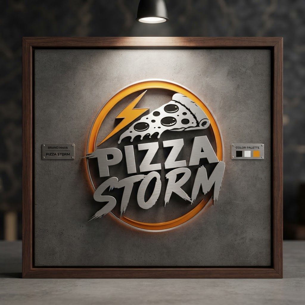 AI Design for Premium logo presentation mockup concept for Create a high-energy brand identity for Pizza Storm, featuring a bold, aggressive aesthetic that combines a pizza slice with lightning elements in a striking black, white, and orange color palette.. Logo or brand mark displayed on a clean neutral surface with subtle depth, refined shadow, precise alignment, elegant design-studio presentation, no extra readable text.
Incorporate the attached brand element reference image (Reference A: brand element "Pizza Storm") into the composition where natural — preserve the depicted brand element's appearance.