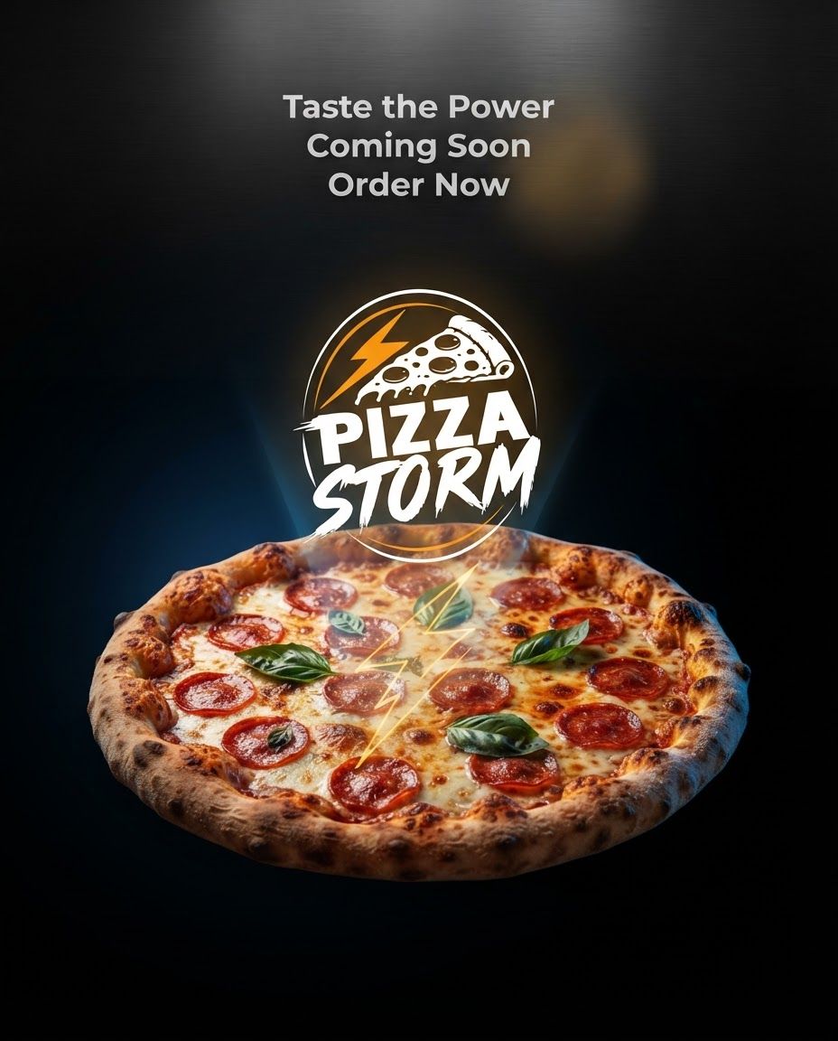 AI Design for Social campaign preview for brand. Portrait campaign visual that feels ready for client approval, clear focal image, cohesive art direction, clean space for copy to be added later, no generated text.
Incorporate the attached brand element reference image (Reference A: brand element "Pizza Storm") into the composition where natural — preserve the depicted brand element's appearance.