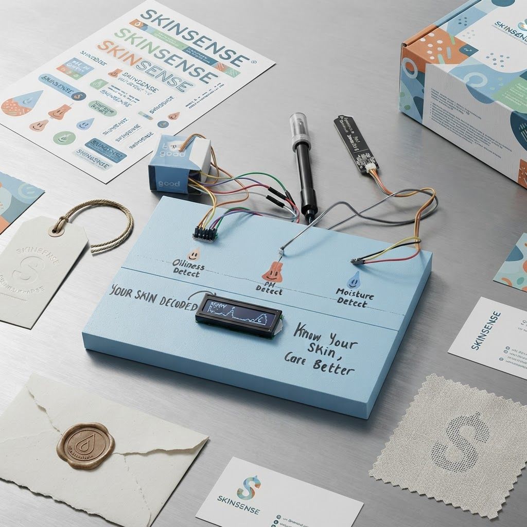 AI Design for Cohesive label system mockup concept for Create a clean, professional studio shot of the SkinSense prototype, highlighting its analytical components and user-friendly interface to build consumer trust in personalized skincare technology.. Product labels, stickers, seals, hang tags, or small packaging details arranged as a refined identity system, realistic print materials, no invented readable copy.
Feature the product (SkinSense) from the attached product reference image as the central subject — preserve its shape, color, logos, and details with full fidelity. A prototype skincare diagnostic device featuring an LCD screen, an oil sensor, a pH probe, and a soil moisture sensor connected via multicolored wires. The components are mounted on a light blue painted base with hand-drawn icons and text labels identifying each sensor.