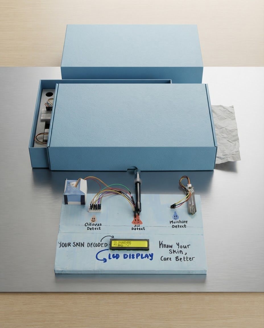 AI Design for Packaging and unboxing scene for SkinSense. A prototype skincare diagnostic device featuring an LCD screen, an oil sensor, a pH probe, and a soil moisture sensor connected via multicolored wires. The components are mounted on a light blue painted base with hand-drawn icons and text labels identifying each sensor. Product and packaging arranged in a polished tabletop composition, realistic folds, inserts, tissue, or box details where appropriate, premium ecommerce styling, no invented readable copy.