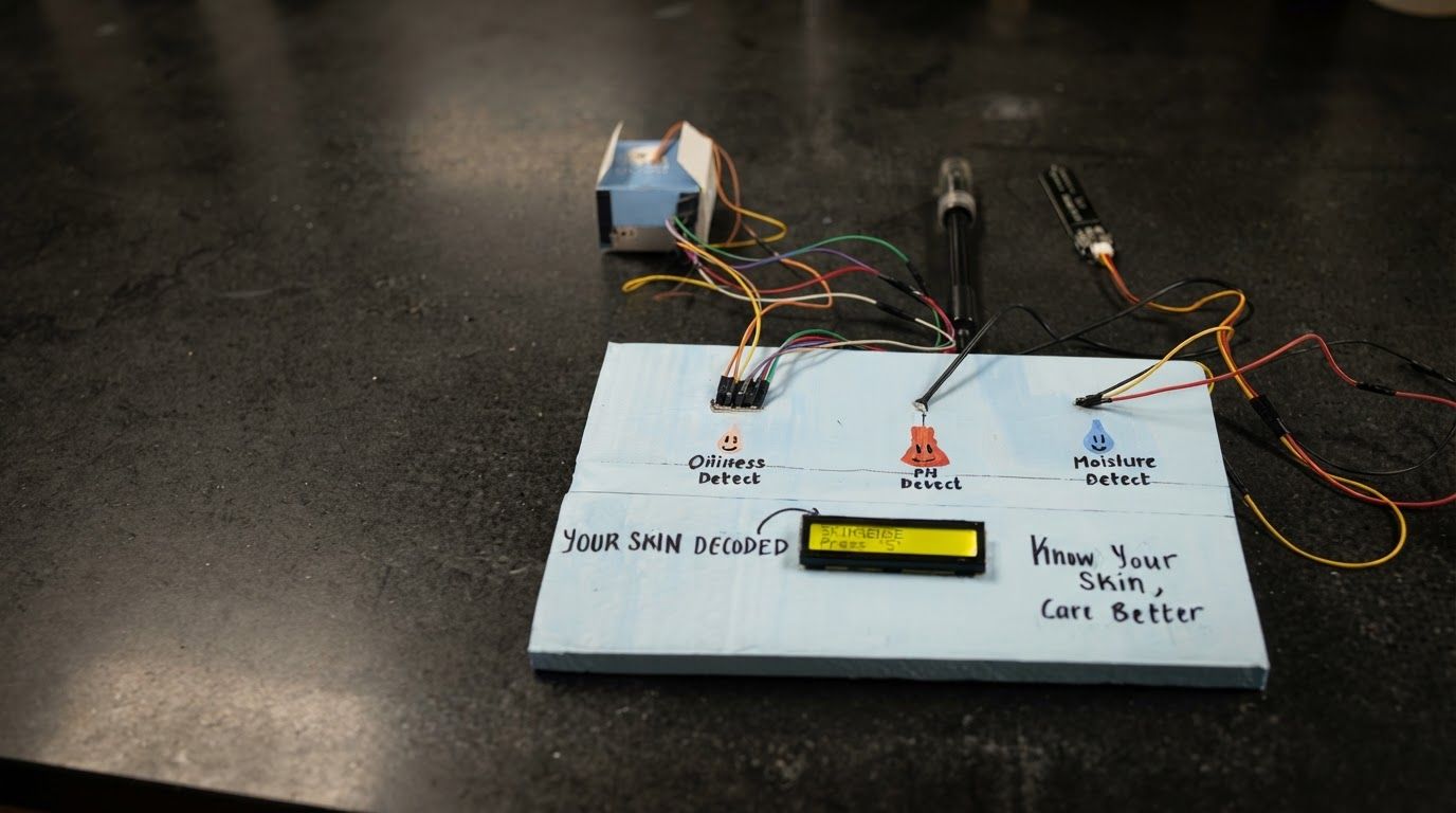 AI Design for Wide campaign hero photograph for SkinSense. A prototype skincare diagnostic device featuring an LCD screen, an oil sensor, a pH probe, and a soil moisture sensor connected via multicolored wires. The components are mounted on a light blue painted base with hand-drawn icons and text labels identifying each sensor. Premium advertising composition with the product as focal point, cinematic lighting, clean negative space on one side for copy to be added later, no rendered words or logos beyond the reference product.