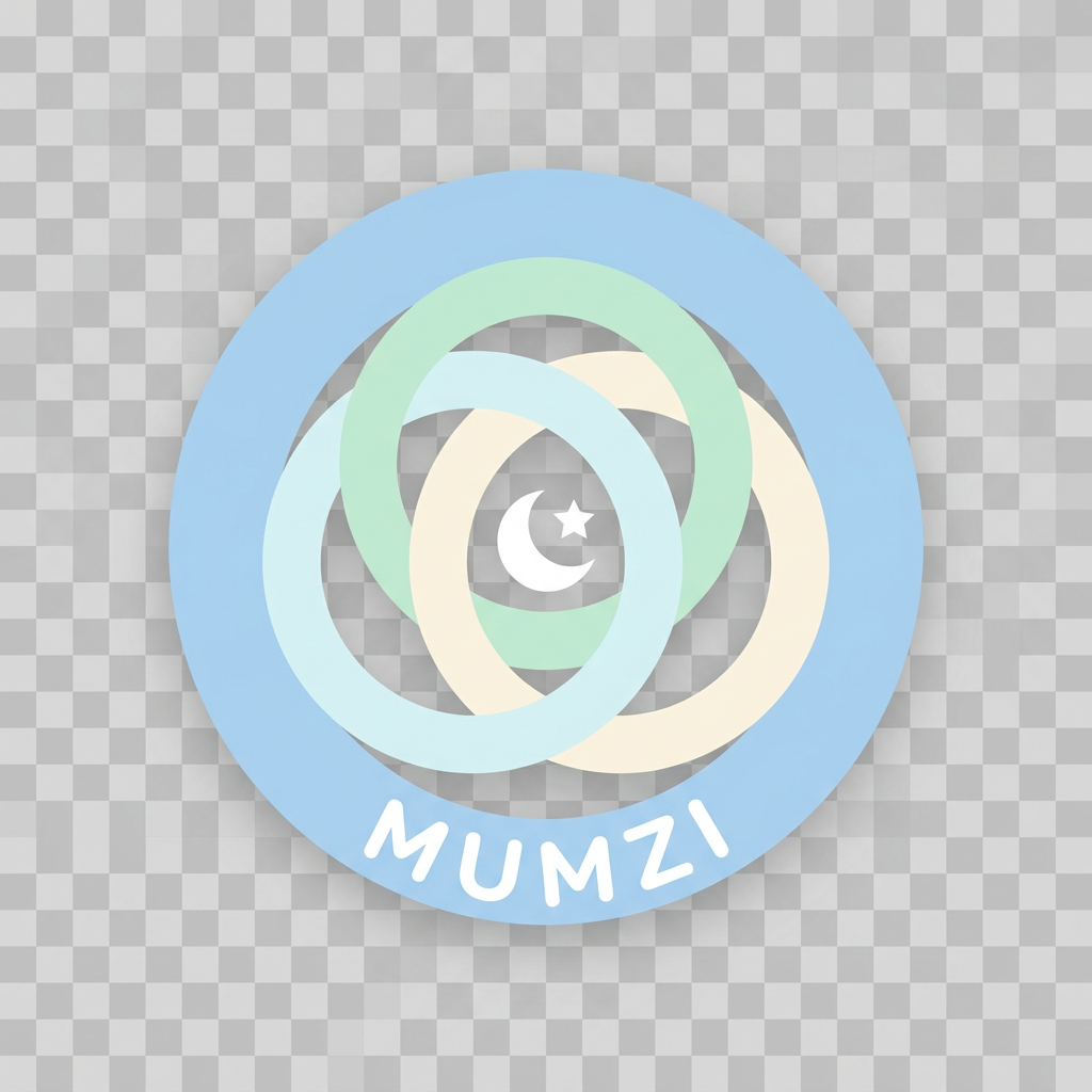 AI Design for A minimalist circular emblem logo for the baby brand "MUMZI," using simple overlapping or concentric geometric shapes the way Audi uses four interlocking rings and Target uses a bullseye. Design a circular badge made of two or three softly overlapping circles or rounded rings in pastel baby blue, mint, and cream, with a small centered icon — a star, crescent moon, or tiny footprint — sitting at the convergence point the way Mercedes-Benz places its three-pointed star inside a circle. The brand name "MUMZI" curves along the inner or outer edge of the circle in a clean, rounded sans-serif. Flat vector, symmetrical, no gradients, no photorealism, transparent background. Should feel trustworthy and iconic even at very small sizes, like a car badge or a stamp of quality.