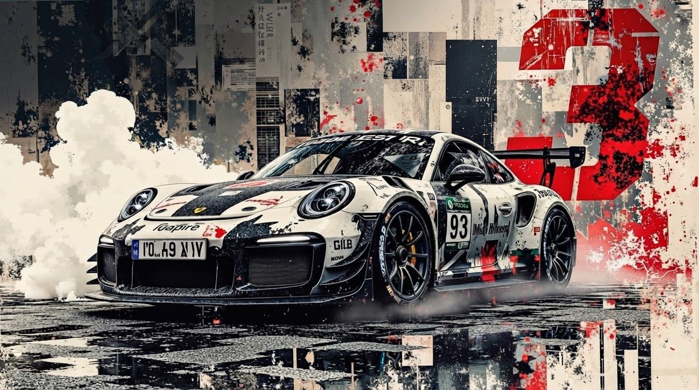 AI Design for Website hero image concept for Create a high-energy, street-art inspired visual featuring a custom GT sports car, emphasizing aggressive motion, grit, and bold typography to anchor a powerful personal brand identity.. Wide polished digital brand visual, clear focal identity element, cohesive colors and atmosphere, generous negative space for headline and CTA to be added later, no rendered UI text.
Incorporate the attached brand element reference image (Reference A: brand element "Racing Grunge Identity") into the composition where natural — preserve the depicted brand element's appearance.