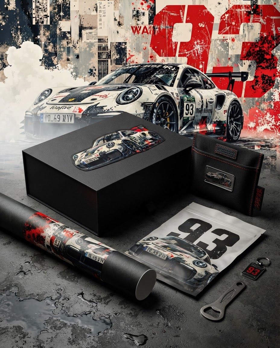 AI Design for Premium packaging mockup concept for Create a high-energy, street-art inspired visual featuring a custom GT sports car, emphasizing aggressive motion, grit, and bold typography to anchor a powerful personal brand identity.. Brand identity applied to realistic boxes, pouches, labels, wraps, or bags as appropriate, polished tabletop scene, tactile materials, no invented readable copy.
Incorporate the attached brand element reference image (Reference A: brand element "Racing Grunge Identity") into the composition where natural — preserve the depicted brand element's appearance.