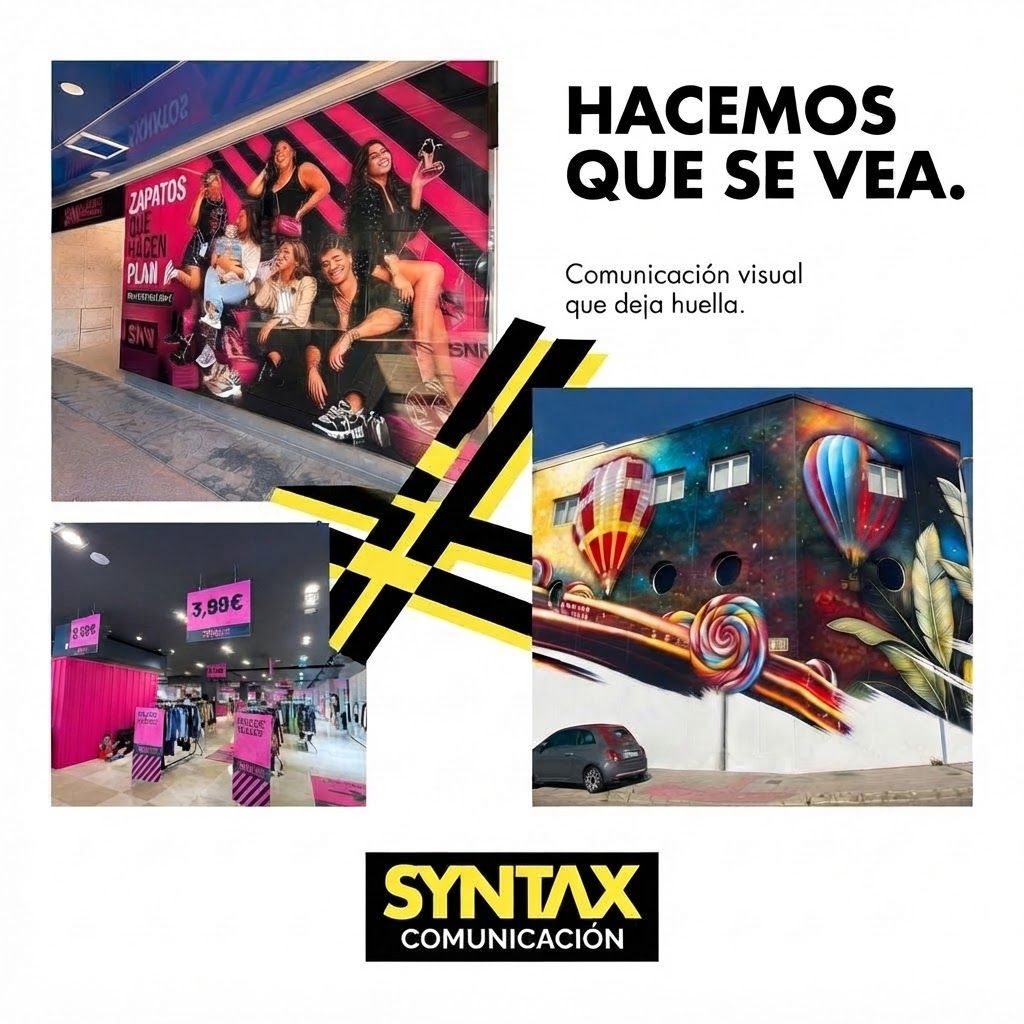 AI Design for The following reference images are provided:
- Reference A corresponds to the attached image for the brand element "Syntax Comunicacion" (The image features the word SYNTAX in bold yellow capital letters with a custom typeface, positioned above the word COMUNICACIÓN in a smaller, white sans-serif font, all set against a solid black background.). Instructions: The image features the word SYNTAX in bold yellow capital letters with a custom typeface, positioned above the word COMUNICACIÓN in a smaller, white sans-serif font, all set against a solid black background.
User request:
Syntax Comunicacion EDIT ONLY ONE ELEMENT. DO NOT REDESIGN OR REARRANGE THE LAYOUT.
Keep the previous composition EXACTLY as it is: same image sizes, positions, crops, typography, headline, logo, yellow/black graphic element and negative space.
Replace ONLY the small duplicated balloon-building photograph in the lower-left position with the pink retail interior photograph from @Syntax – Proyectos reales.
Do not move, resize, regenerate or modify any other element.
This is an image replacement only, not a redesign.
