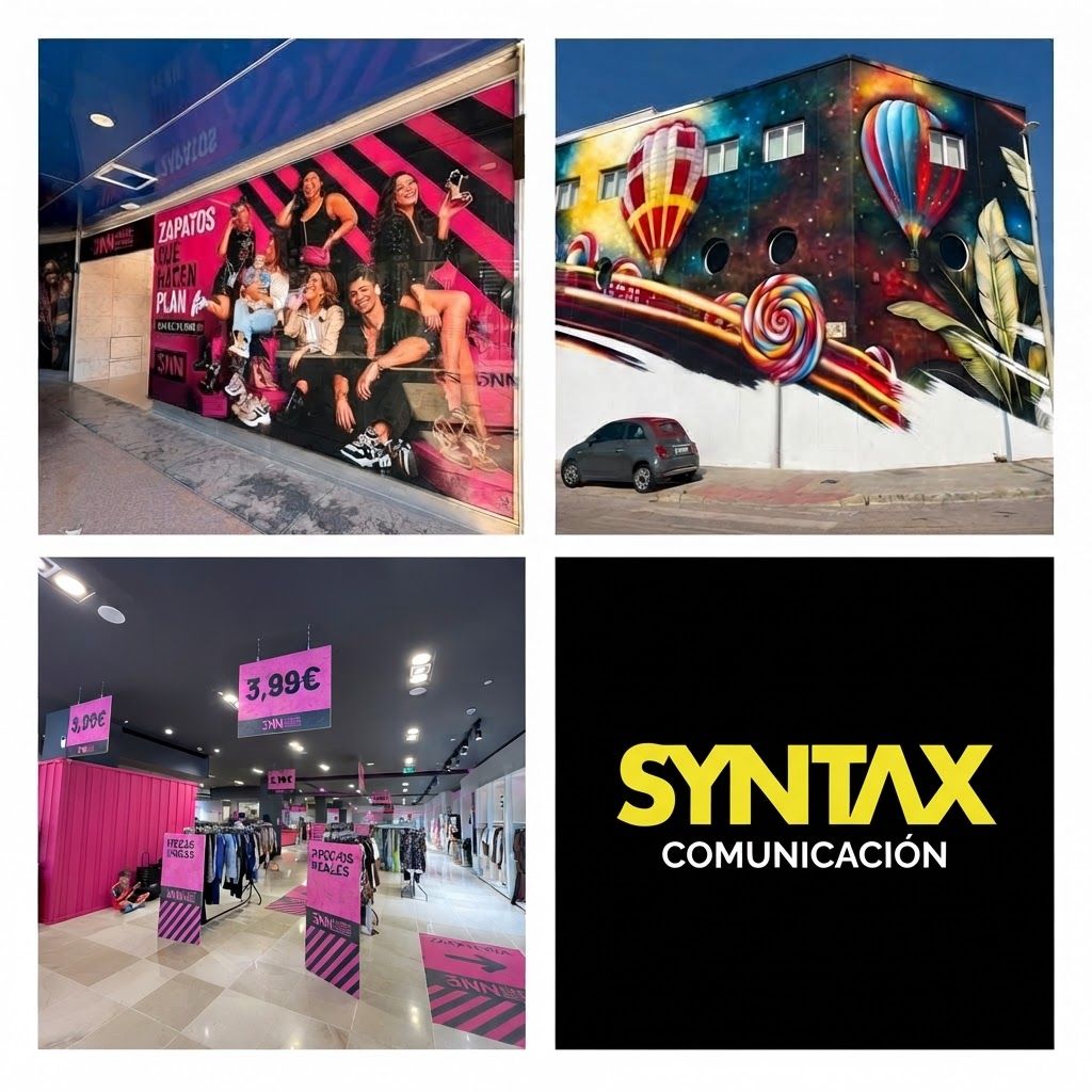 AI Design for The following reference images are provided:
- Reference A corresponds to the attached image for the asset "Syntax – Proyectos reales".
- Reference B corresponds to the attached image for the brand element "Syntax Comunicacion" (The image features the word SYNTAX in bold yellow capital letters with a custom typeface, positioned above the word COMUNICACIÓN in a smaller, white sans-serif font, all set against a solid black background.). Instructions: The image features the word SYNTAX in bold yellow capital letters with a custom typeface, positioned above the word COMUNICACIÓN in a smaller, white sans-serif font, all set against a solid black background.
User request:
Syntax – Proyectos reales Syntax Comunicacion Keep this exact design direction and layout. Do not redesign from scratch.
Use each of the three photographs from @Syntax – Proyectos reales EXACTLY ONCE.
Do not duplicate any photograph.
Replace the duplicated balloon-building photograph with the unused pink retail interior photograph.
Keep all photographs original and unmodified.
Keep the headline, typography, graphic elements, colors and Syntax logo unchanged.