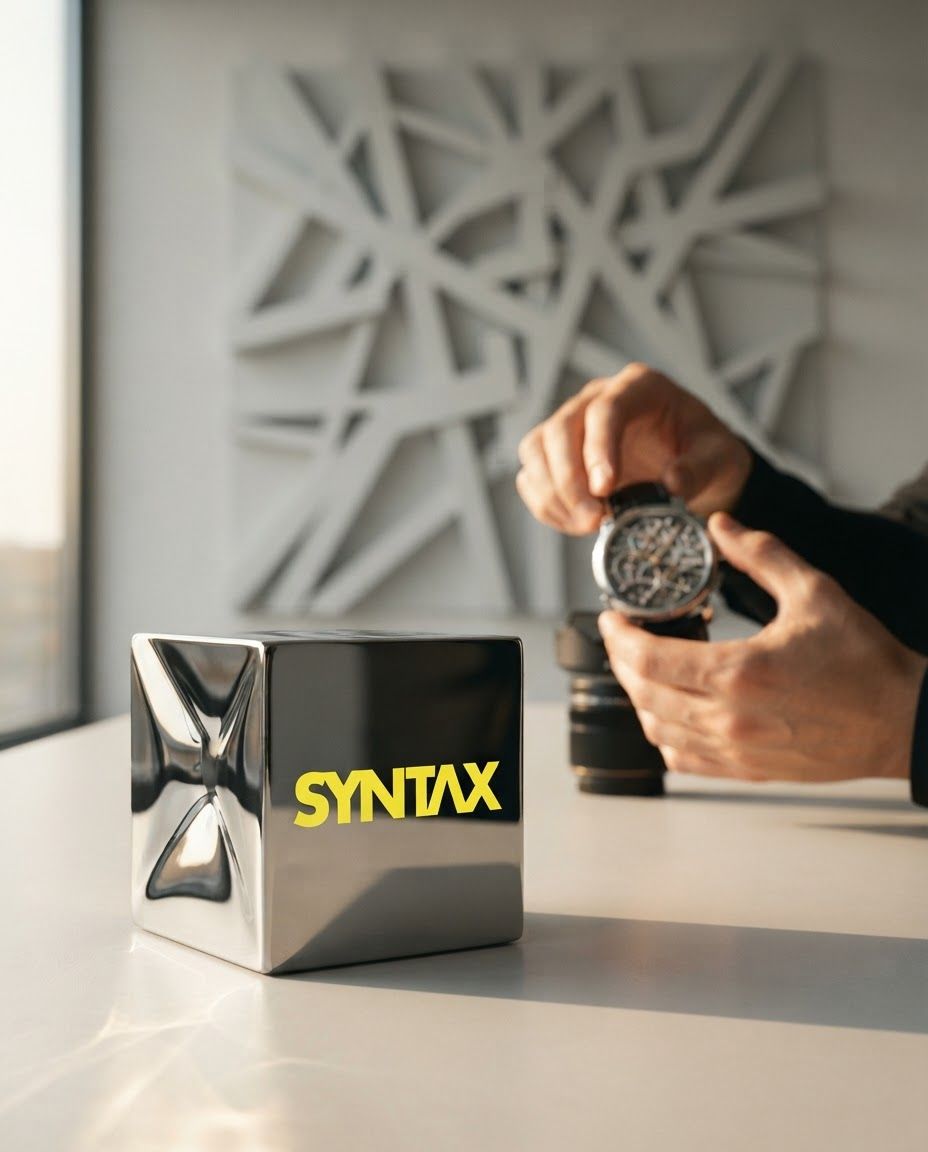 AI Design for Portrait social feed visual for brand. Scroll-stopping focal point, editorial crop, balanced foreground and background, designed for a 4:5 feed placement, no generated text or UI elements.
Incorporate the attached brand element reference image (Reference A: brand element "Syntax Comunicacion") into the composition where natural — preserve the depicted brand element's appearance.