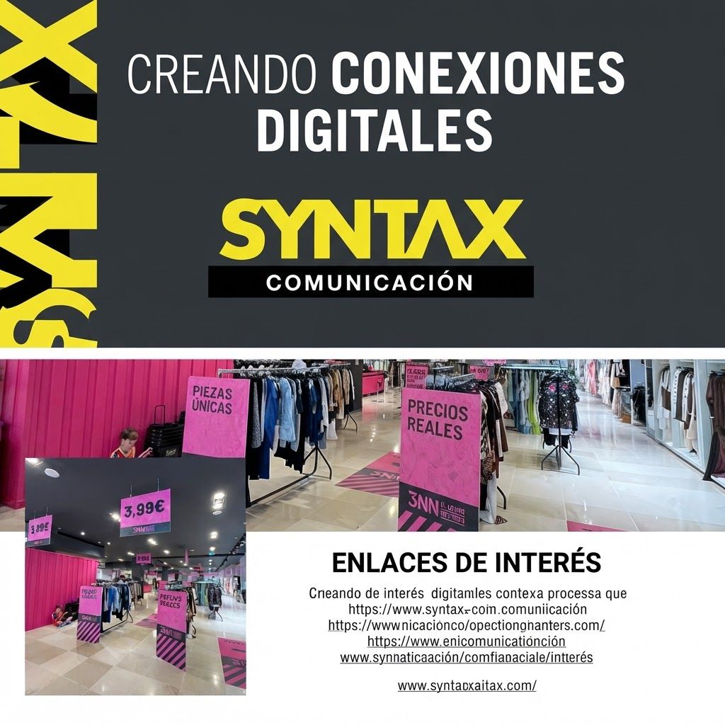 AI Design for The following reference images are provided:
- Reference A corresponds to the attached image for the brand element "Syntax Comunicacion" (The image features the word SYNTAX in bold yellow capital letters with a custom typeface, positioned above the word COMUNICACIÓN in a smaller, white sans-serif font, all set against a solid black background.). Instructions: The image features the word SYNTAX in bold yellow capital letters with a custom typeface, positioned above the word COMUNICACIÓN in a smaller, white sans-serif font, all set against a solid black background.
User request:
Syntax Comunicacion EDIT ONLY ONE ELEMENT. DO NOT REDESIGN OR REARRANGE THE LAYOUT.
Keep the previous composition EXACTLY as it is: same image sizes, positions, crops, typography, headline, logo, yellow/black graphic element and negative space.
Replace ONLY the small duplicated balloon-building photograph in the lower-left position with the pink retail interior photograph from @Syntax – Proyectos reales.
Do not move, resize, regenerate or modify any other element.
This is an image replacement only, not a redesign.