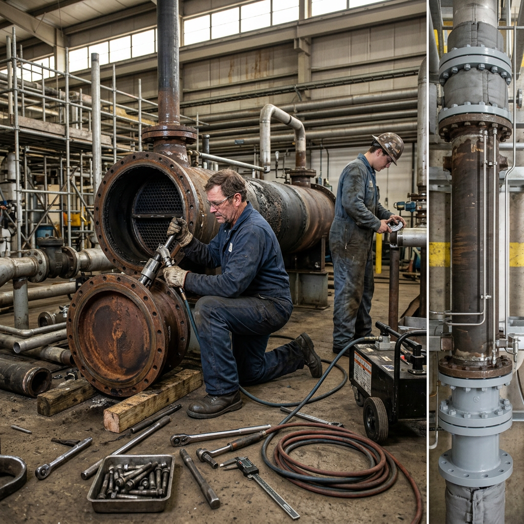 AI Design for Real-world industrial field photography of technicians performing hands-on engineering work on-site. Show the actual work process at ground level—inspection, dismantling, fabrication, repair, installation, tools, pipes, tubes, welding, measurements and equipment details—depending on the service. Capture natural working poses, realistic PPE, dust, wear, tools and authentic industrial conditions. Include a subtle before-to-after progression showing the completed work. Shot like professional documentary photography for an industrial engineering company, natural lighting, realistic colors, unposed workers, authentic machinery, high detail, 16:9 website composition. No futuristic CGI, no glossy showroom, no staged corporate poses, no artificial effects, no text or logos.
Service: Shell & Tube Heat Exchanger