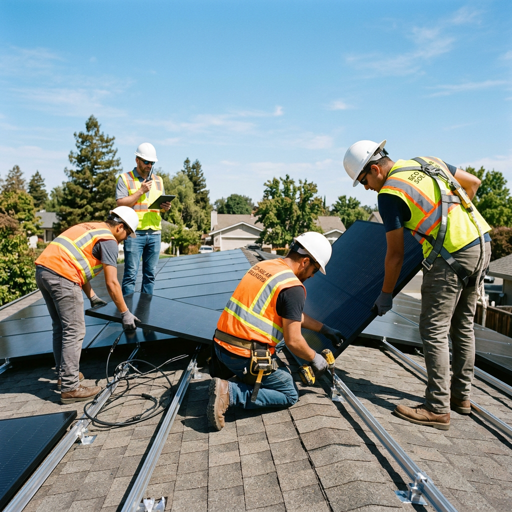 AI Design for A professional engineering team in high-visibility safety vests and hard hats expertly mounting sleek, modern solar panels onto a sunlit residential rooftop. Captured in natural daylight with a clean, crisp composition highlighting the high-tech equipment, vibrant blue sky background, and an authentic, aesthetic documentary photography style.