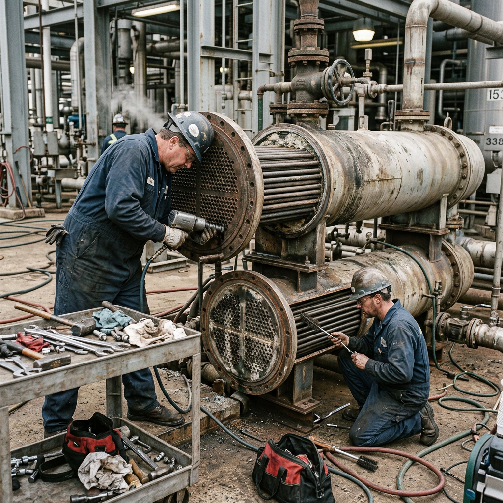 AI Design for Real-world industrial field photography of technicians performing hands-on engineering work on-site. Show the actual work process at ground level—inspection, dismantling, fabrication, repair, installation, tools, pipes, tubes, welding, measurements and equipment details—depending on the service. Capture natural working poses, realistic PPE, dust, wear, tools and authentic industrial conditions. Include a subtle before-to-after progression showing the completed work. Shot like professional documentary photography for an industrial engineering company, natural lighting, realistic colors, unposed workers, authentic machinery, high detail, 16:9 website composition. No futuristic CGI, no glossy showroom, no staged corporate poses, no artificial effects, no text or logos.
Service: Shell & Tube Heat Exchanger