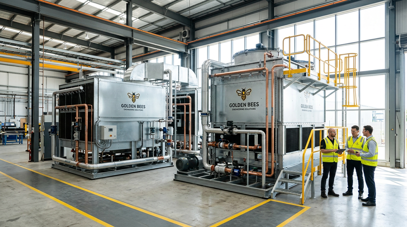 AI Design for A professional industrial engineering showcase featuring evaporative condensers and closed-circuit cooling towers inside a state-of-the-art manufacturing facility. Crisp commercial photography captures bright natural daylight streaming through large windows, highlighting sharp mechanical details, polished copper piping, and pristine steel panels. The cool industrial color palette of steel grey, metallic blue, and safety yellow accents is framed in a wide-angle architectural composition that emphasizes robust system design, precision installation, and seamless maintenance access. The Golden Bees brand logo is prominently displayed on the equipment for professional marketing and brand integration.