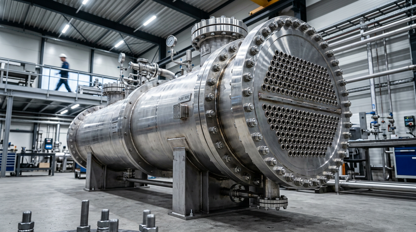 AI Design for A professional industrial visualization of a heavy-duty shell and tube heat exchanger showcased in a modern engineering facility. Clean industrial lighting highlights the polished stainless steel construction, intricate tube sheets, and precision-welded flanges. Shot from a low, dynamic angle with a shallow depth of field, emphasizing industrial reliability, advanced fabrication, and robust metallic textures.