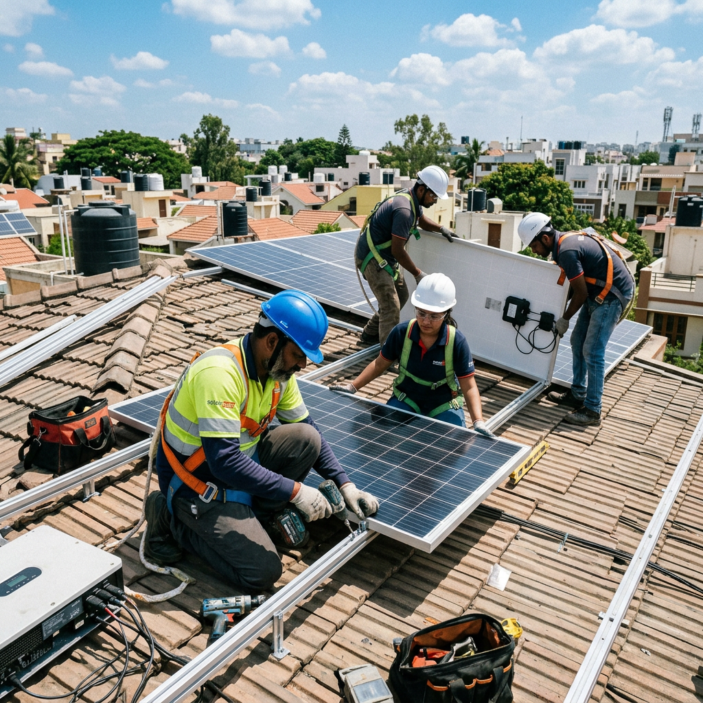 AI Design for A professional engineering team in working on modern solar panels onto a sunlit residential rooftop. Captured in natural daylight with a clean, crisp composition highlighting the high-tech equipment, vibrant blue sky background, and an authentic, aesthetic documentary photography style. People appearance Indian local people.