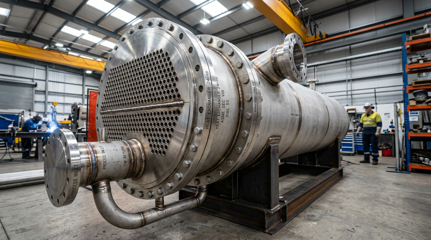 AI Design for A professional industrial visualization of a heavy-duty shell and tube heat exchanger showcased in a modern engineering facility. Clean industrial lighting highlights the polished stainless steel construction, intricate tube sheets, and precision-welded flanges. Shot from a low, dynamic angle with a shallow depth of field, emphasizing industrial reliability, advanced fabrication, and robust metallic textures.