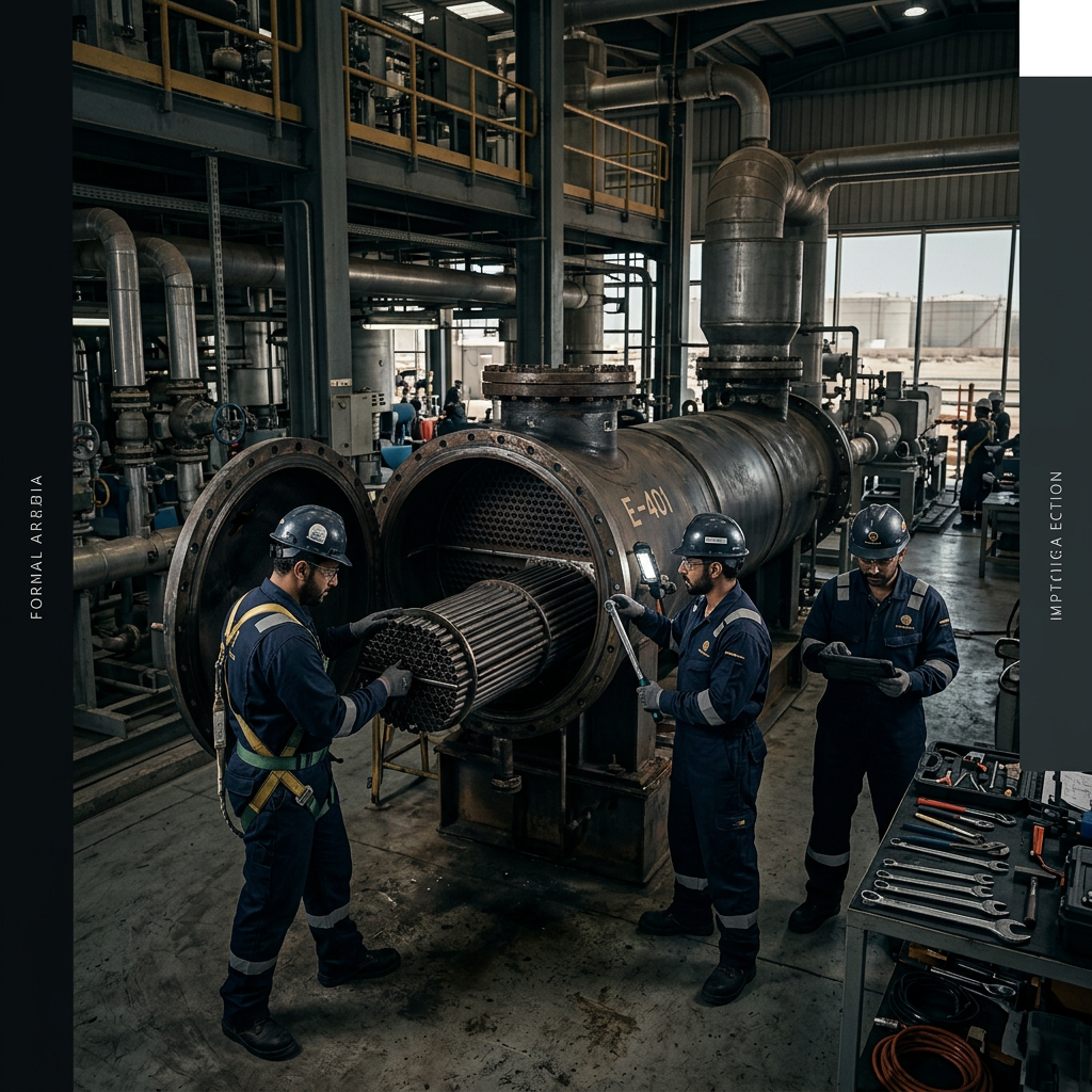 AI Design for Create a premium photorealistic cinematic industrial website image showing skilled engineers actively demonstrating, inspecting, servicing, or installing the equipment. Show a subtle **before → engineering intervention → after** transformation, with realistic industrial surroundings, professional PPE, authentic machinery, tools, and technical details. Saudi/Gulf industrial setting, sophisticated dark graphite and metallic aesthetic with restrained navy and gold accents, dramatic but realistic lighting, clean corporate composition, wide 16:9, high-end commercial photography, with negative space for website text. No text, logos, watermarks, CGI, or unrealistic machinery.
Service: Shell & Tube Heat Exchanger