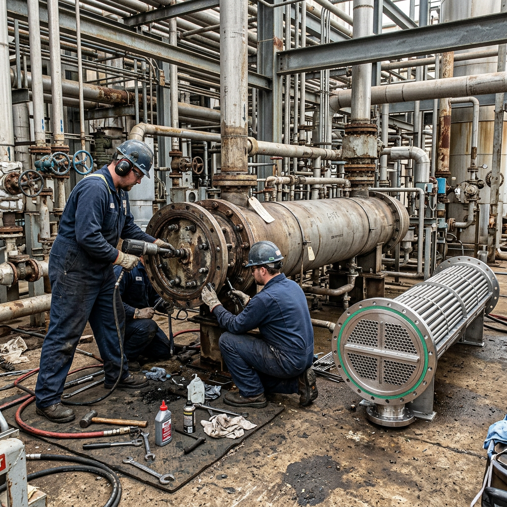 AI Design for Real-world industrial field photography of technicians performing hands-on engineering work on-site. Show the actual work process at ground level—inspection, dismantling, fabrication, repair, installation, tools, pipes, tubes, welding, measurements and equipment details—depending on the service. Capture natural working poses, realistic PPE, dust, wear, tools and authentic industrial conditions. Include a subtle before-to-after progression showing the completed work. Shot like professional documentary photography for an industrial engineering company, natural lighting, realistic colors, unposed workers, authentic machinery, high detail, 16:9 website composition. No futuristic CGI, no glossy showroom, no staged corporate poses, no artificial effects, no text or logos.
Service: Shell & Tube Heat Exchanger