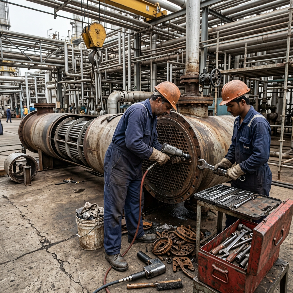 AI Design for Real-world industrial field photography of technicians performing hands-on engineering work on-site. Show the actual work process at ground level—inspection, dismantling, fabrication, repair, installation, tools, pipes, tubes, welding, measurements and equipment details—depending on the service. Capture natural working poses, realistic PPE, dust, wear, tools and authentic industrial conditions. Include a subtle before-to-after progression showing the completed work. Shot like professional documentary photography for an industrial engineering company, natural lighting, realistic colors, unposed workers, authentic machinery, high detail, 16:9 website composition. No futuristic CGI, no glossy showroom, no staged corporate poses, no artificial effects, no text or logos.
people should look indian or saudi
Service: Shell & Tube Heat Exchanger