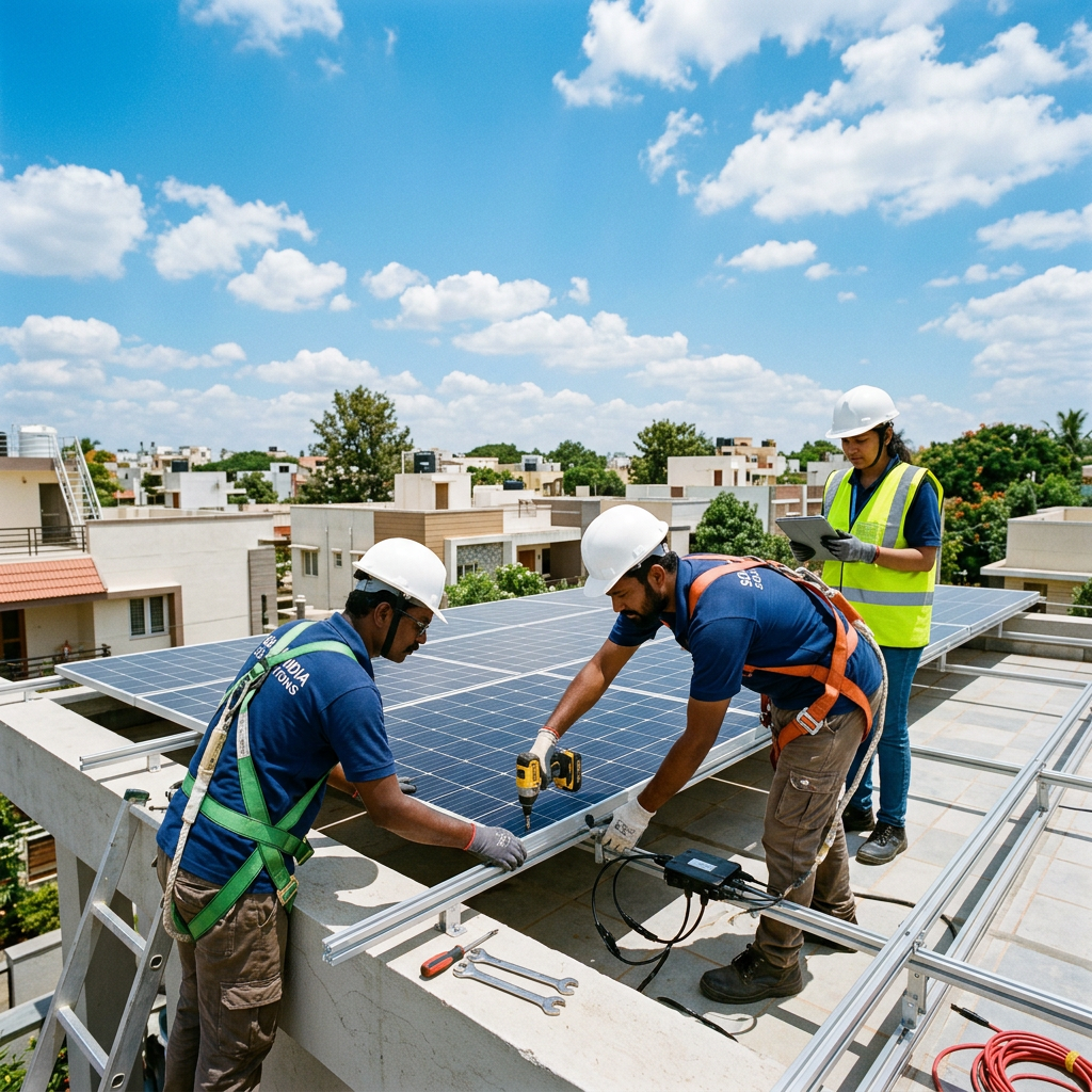 AI Design for A professional engineering team in working on modern solar panels onto a sunlit residential rooftop. Captured in natural daylight with a clean, crisp composition highlighting the high-tech equipment, vibrant blue sky background, and an authentic, aesthetic documentary photography style. People appearance Indian local people.