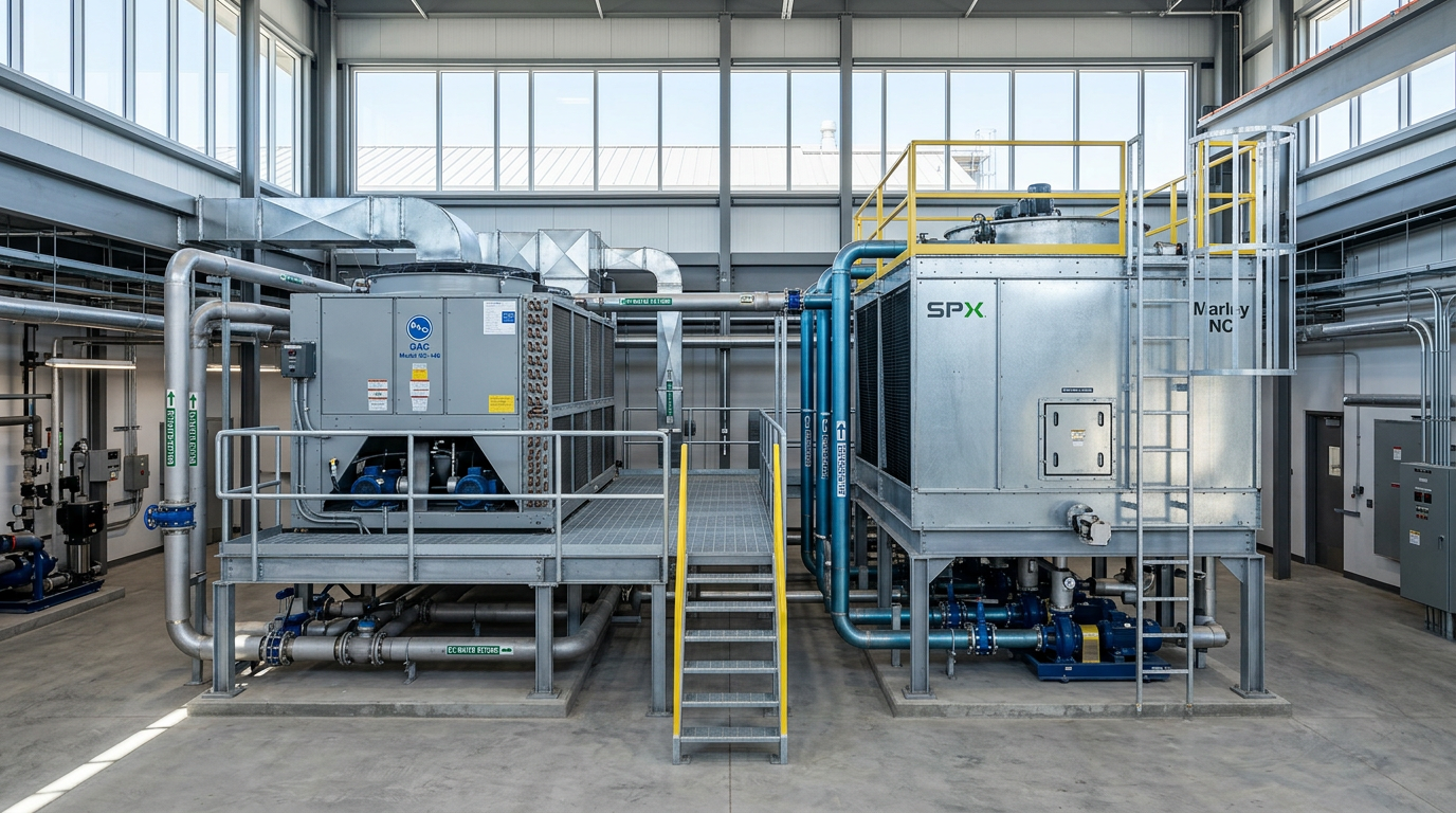 AI Design for A professional industrial engineering showcase of evaporative condensers and closed-circuit cooling towers in a modern facility. Clean, crisp commercial photography with bright natural lighting, sharp mechanical details, and a cool industrial color palette of steel grey, metallic blue, and safety accents. The composition is a wide-angle architectural shot emphasizing robust system design, precision installation, and seamless maintenance access.