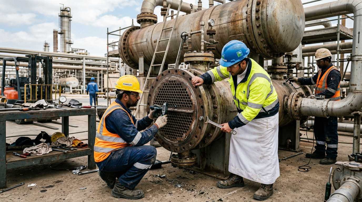 AI Design for Professional documentary-style industrial photography capturing Indian and Saudi technicians performing hands-on engineering work on a shell and tube heat exchanger on-site. The ground-level composition highlights the authentic work process, including pipe inspection, tool handling, and equipment details, featuring natural working poses, realistic PPE, subtle dust, wear, and authentic industrial conditions. Natural daylight illuminates the realistic color palette of weathered metals and machinery, creating an unposed, high-detail editorial scene suitable for a professional engineering website.