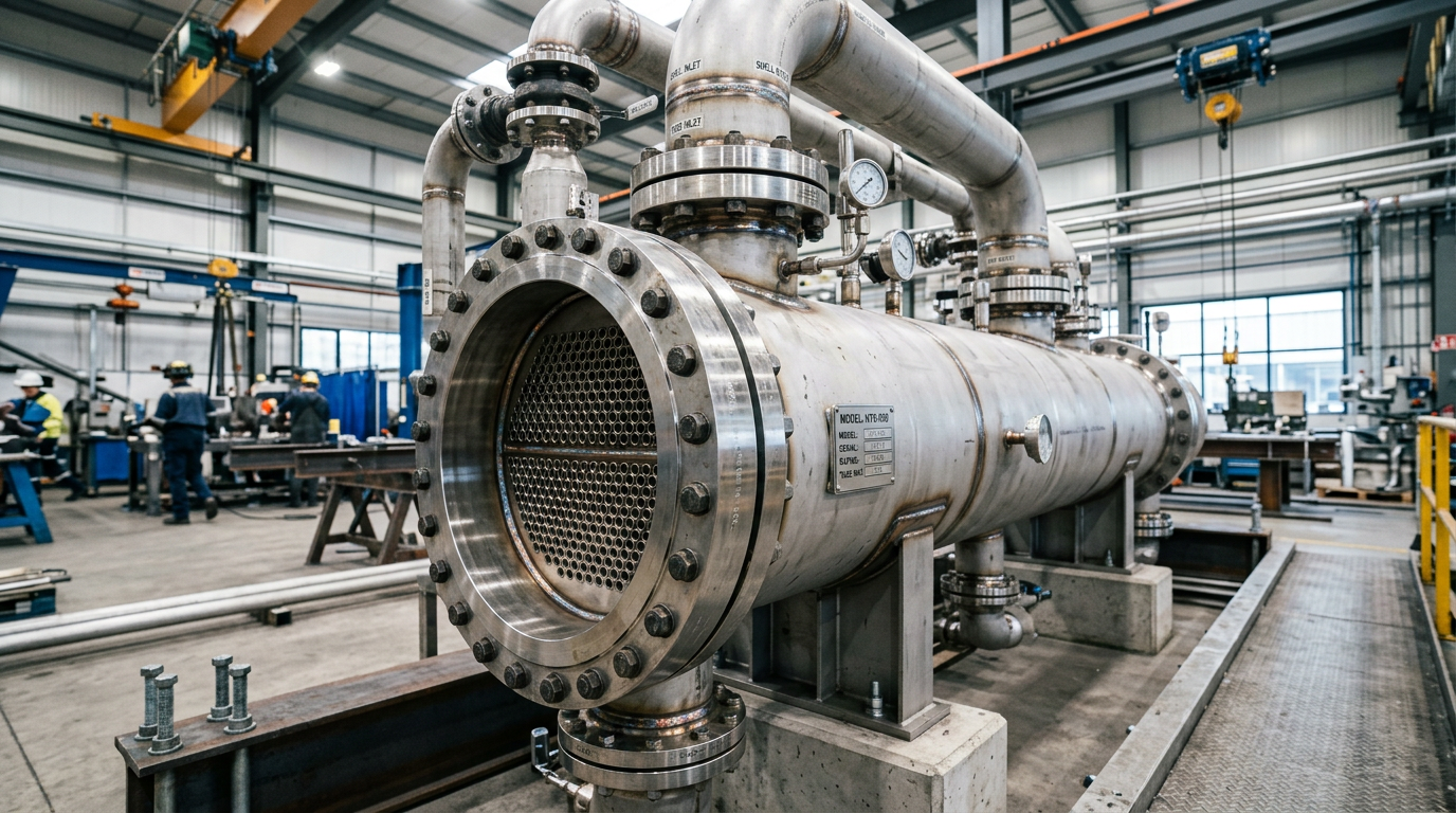 AI Design for A professional industrial visualization of a heavy-duty shell and tube heat exchanger showcased in a modern engineering facility. Clean industrial lighting highlights the polished stainless steel construction, intricate tube sheets, and precision-welded flanges. Shot from a low, dynamic angle with a shallow depth of field, emphasizing industrial reliability, advanced fabrication, and robust metallic textures.