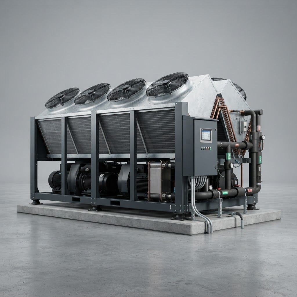 AI Design for High-end studio product photograph of Air Cooled Water Chiller 1. The image shows an industrial air-cooled water chiller unit with four large fans mounted on a galvanized steel frame. It features a dark grey support structure, exposed copper piping, and an integrated electronic control panel, set on a concrete rooftop. Product centered as the clear hero, clean neutral background, controlled softbox lighting, realistic contact shadow, crisp edges, accurate material texture, no readable text added.