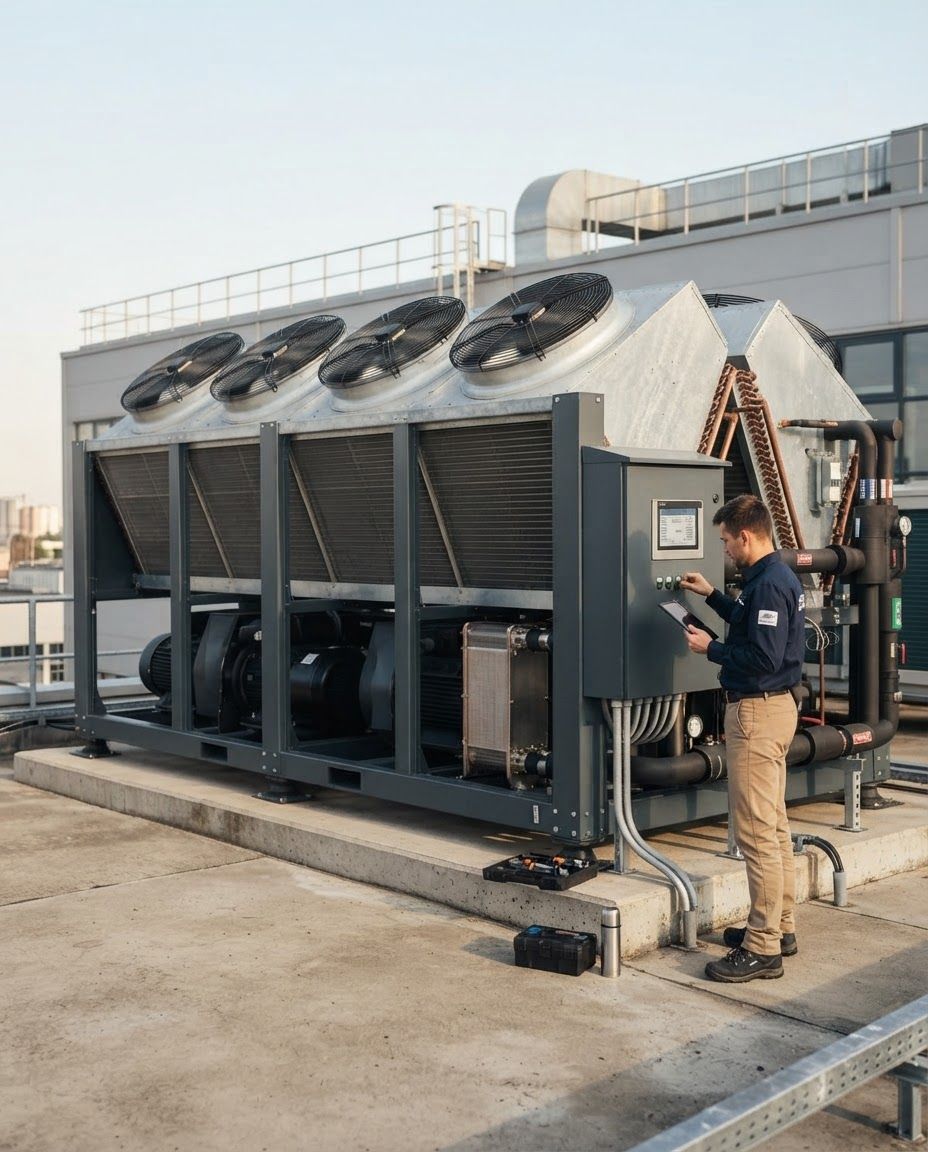 AI Design for Lifestyle product photograph of Air Cooled Water Chiller 1 being naturally used in a believable real-world setting. The image shows an industrial air-cooled water chiller unit with four large fans mounted on a galvanized steel frame. It features a dark grey support structure, exposed copper piping, and an integrated electronic control panel, set on a concrete rooftop. Human-scale context, warm natural light, editorial composition, shallow depth of field, product clearly visible and undistorted.
