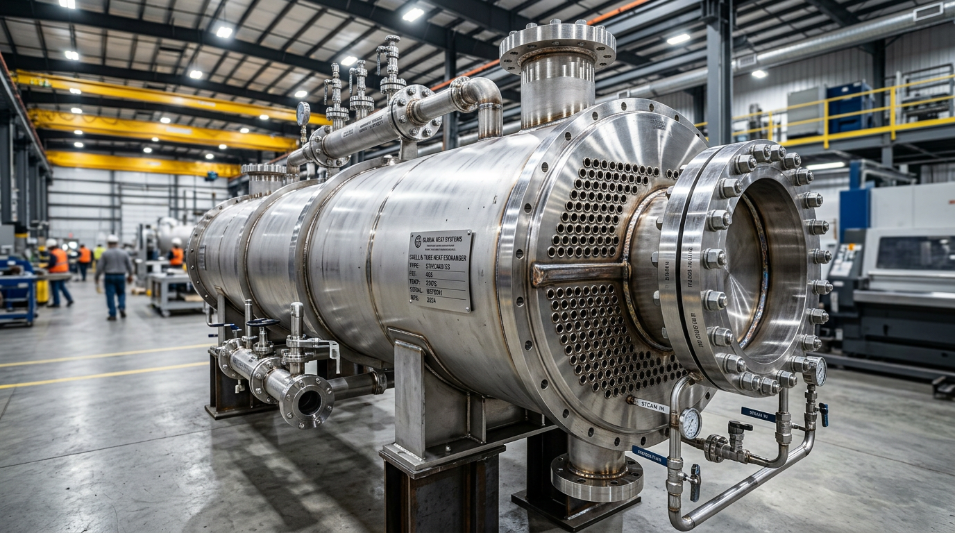 AI Design for A professional indus trial visualization of a heavy-duty shell and tube heat exchanger showcased in a modern engineering facility. Clean industrial lighting highlights the polished stainless steel construction, intricate tube sheets, and precision-welded flanges. Shot from a low, dynamic angle with a shallow depth of field, emphasizing industrial reliability, advanced fabrication, and robust metallic textures.