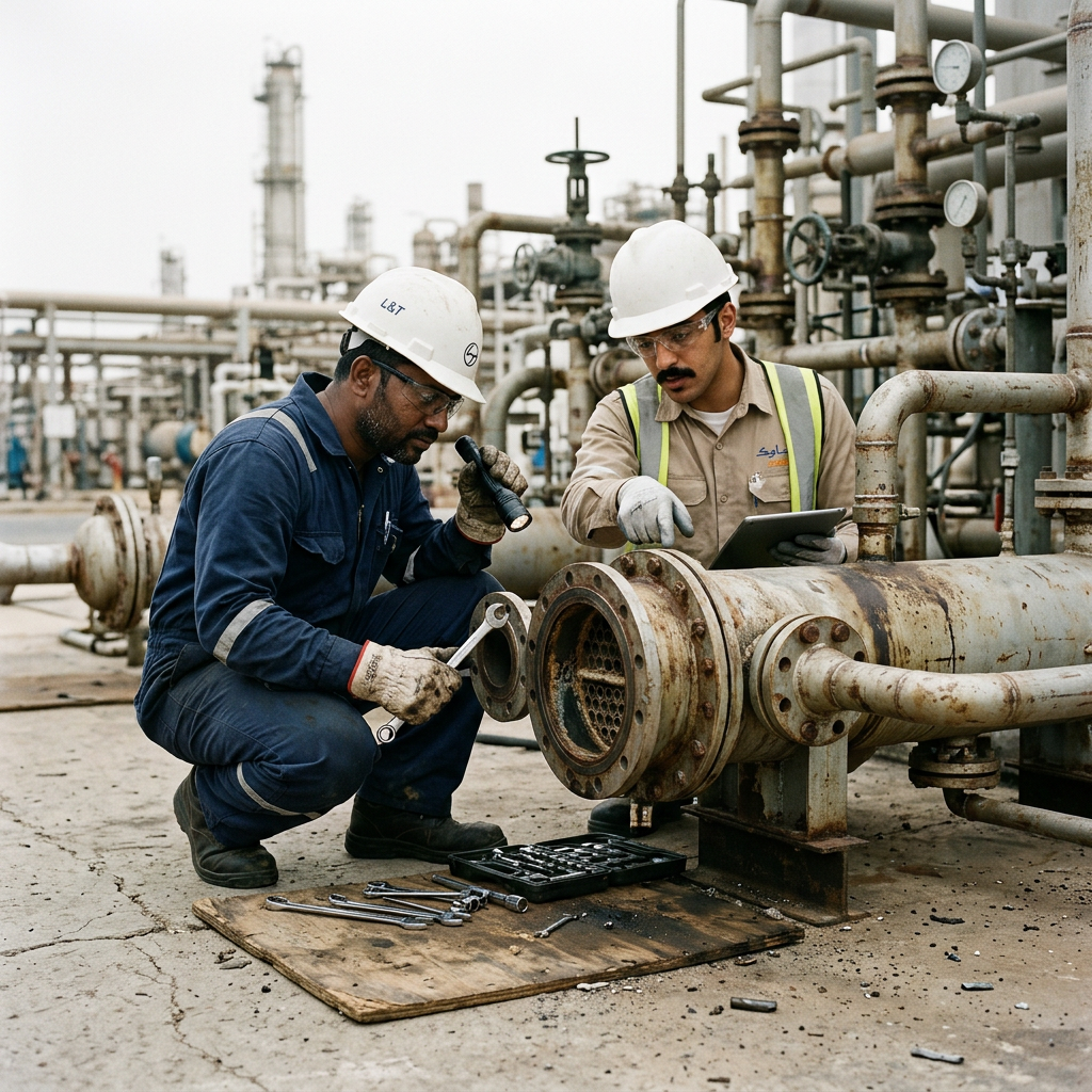 AI Design for Professional documentary-style industrial photography capturing Indian and Saudi technicians performing hands-on engineering work on a shell and tube heat exchanger on-site. The ground-level composition highlights the authentic work process, including pipe inspection, tool handling, and equipment details, featuring natural working poses, realistic PPE, subtle dust, wear, and authentic industrial conditions. Natural daylight illuminates the realistic color palette of weathered metals and machinery, creating an unposed, high-detail editorial scene suitable for a professional engineering website.