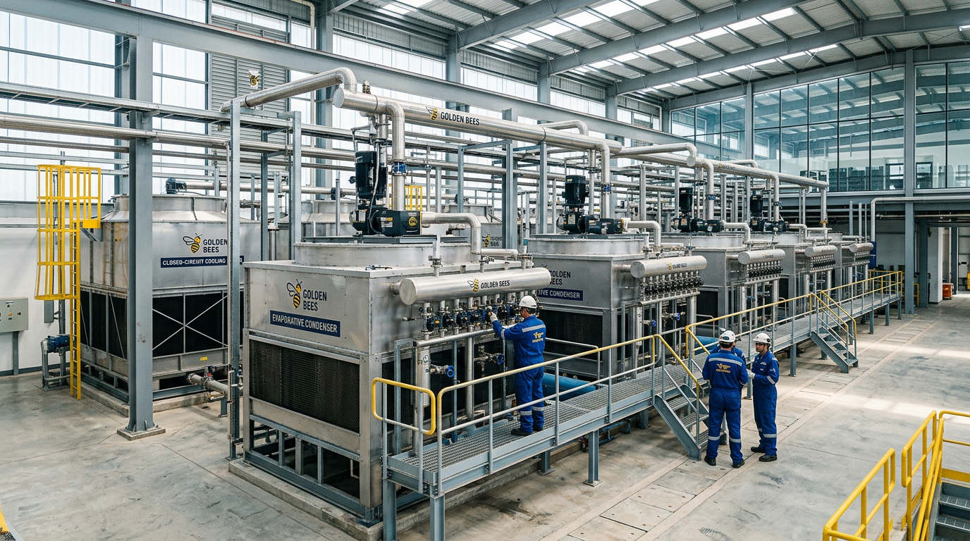 AI Design for A professional industrial engineering showcase of evaporative condensers and closed-circuit cooling towers in a modern facility. Clean, crisp commercial photography with bright natural lighting, sharp mechanical details, and a cool industrial color palette of steel grey, metallic blue, and safety accents. The composition is a wide-angle architectural shot emphasizing robust system design, precision installation, and seamless maintenance access. no other branding and marketing than Golden Bees, Use brand logo to marketize