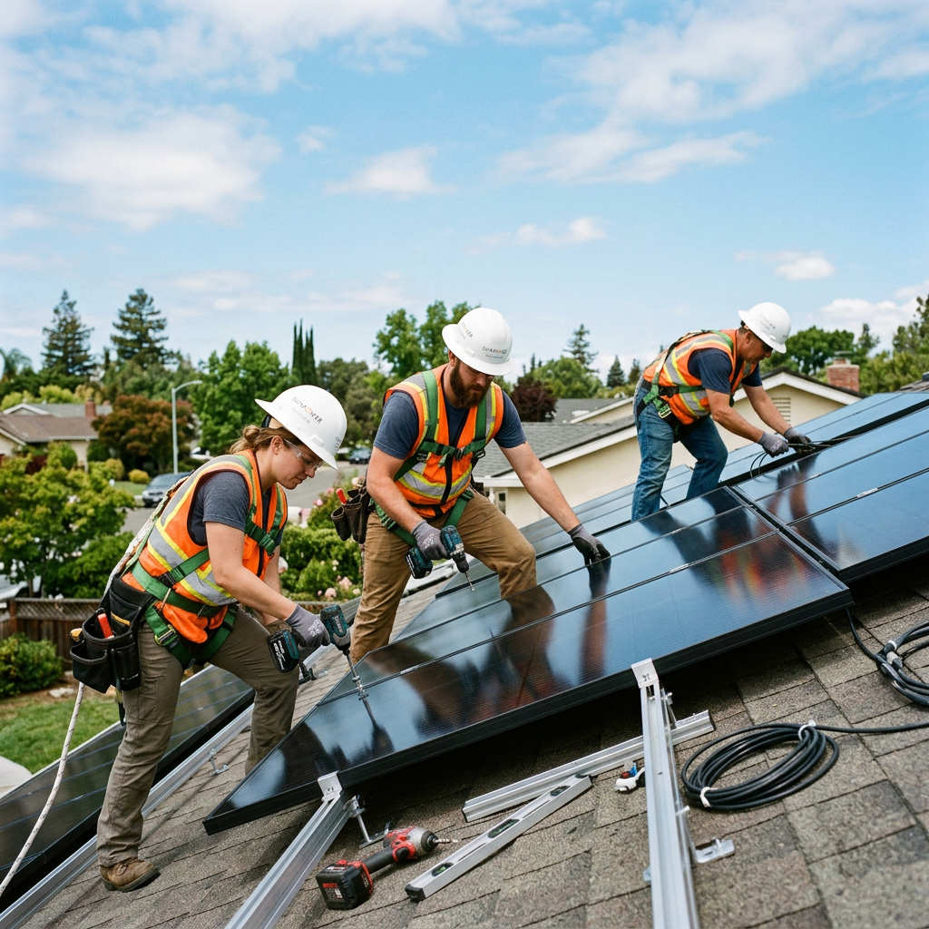 AI Design for A professional engineering team in high-visibility safety vests and hard hats expertly mounting sleek, modern solar panels onto a sunlit residential rooftop. Captured in natural daylight with a clean, crisp composition highlighting the high-tech equipment, vibrant blue sky background, and an authentic, aesthetic documentary photography style.