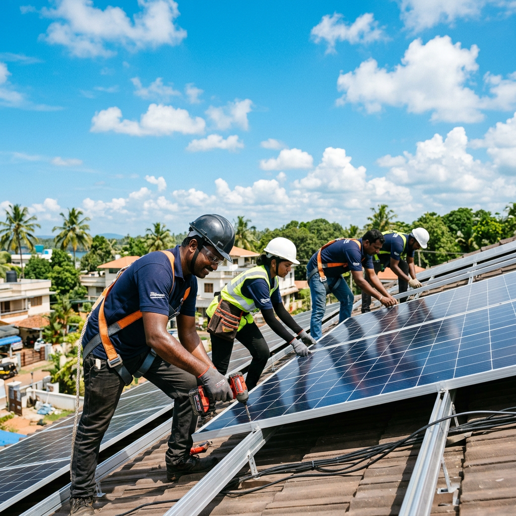 AI Design for A professional engineering team in working on modern solar panels onto a sunlit residential rooftop. Captured in natural daylight with a clean, crisp composition highlighting the high-tech equipment, vibrant blue sky background, and an authentic, aesthetic documentary photography style. People appearance Indian local people.