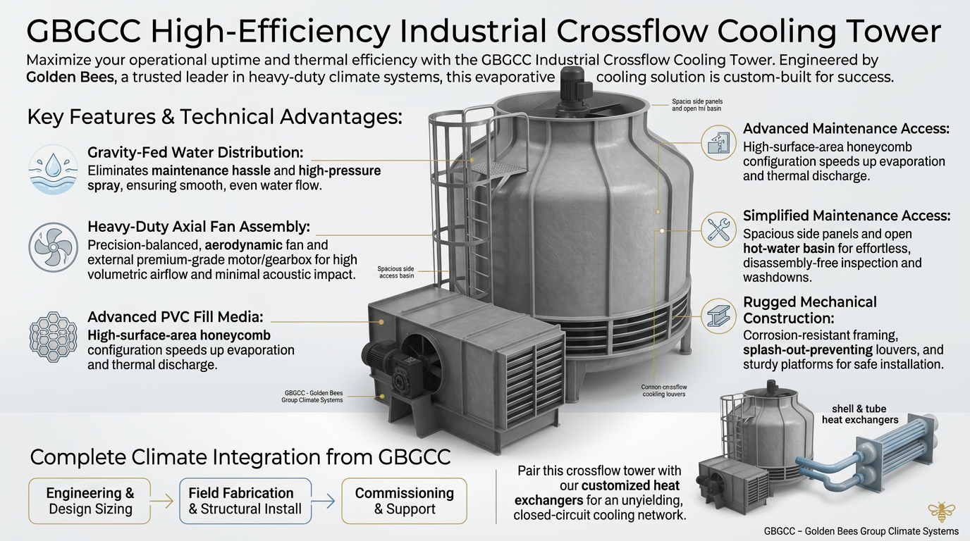 AI Design for GBGCC High-Efficiency Industrial Crossflow Cooling Tower - "Maximize your operational uptime and thermal efficiency with the GBGCC Industrial Crossflow Cooling Tower. Engineered by Golden Bees, a trusted leader in heavy-duty climate systems, this evaporative cooling solution is custom-built to support large-scale commercial HVAC installations, process manufacturing, and demanding refrigeration networks.
By leveraging a smart crossflow design—where air travels horizontally across perpendicular, gravity-fed water streams—this system delivers optimal heat rejection while significantly cutting down on pump pressure and energy consumption.
Key Features & Technical Advantages:
Gravity-Fed Water Distribution: Eliminates the maintenance hassle and energy load of high-pressure spray nozzles, distributing water smoothly and evenly across the fill media.
Heavy-Duty Axial Fan Assembly: A precision-balanced, aerodynamic fan driven by an external premium-grade motor and gearbox ensures high volumetric airflow with minimal acoustic impact.
Advanced PVC Fill Media: High-surface-area honeycomb configuration promotes exceptional air-water interaction, speeding up evaporation and thermal discharge.
Simplified Maintenance Access: Built with spacious side access panels and an open hot-water basin, allowing your team to complete routine inspections and washdowns without complex disassembly.
Rugged Mechanical Construction: Built with corrosion-resistant framing, sturdy air-inlet louvers to prevent water splash-out, and heavy-duty structural platforms for safe installation on building rooftops or industrial pads.
Complete Climate Integration from GBGCC
At Golden Bees, we do more than supply premium equipment. We back your infrastructure with our complete engineering workflow, from initial sizing and thermal design to professional field fabrication, structural installation, and commissioning. Pair this crossflow tower with our customized shell & tube heat exchangers to create an unyielding, closed-circuit cooling network."