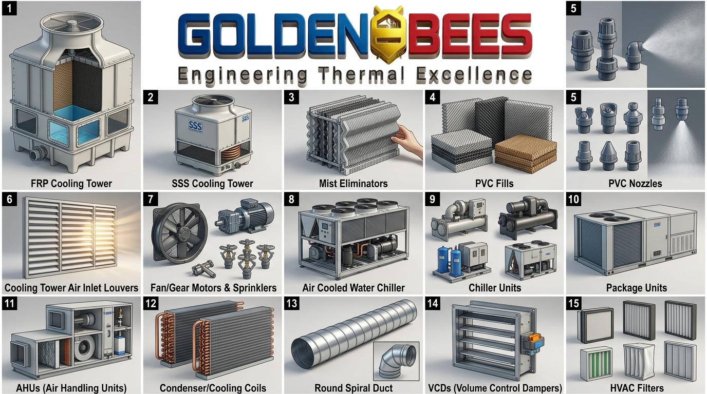 AI Design for I need all these products images
Name
FRP Cooling Tower
SSS Cooling Tower
Mist Eliminators
PVC Fills
PVC Nozzles
Cooling Tower Air Inlet Louvers
Fan/Gear Motors & Sprinklers
Air Cooled Water Chiller
Chiller Units
Package Units
AHUs (Air Handling Units)
Condenser/Cooling Coils
Round Spiral Duct
VCDs (Volume Control Dampers)
HVAC Filters