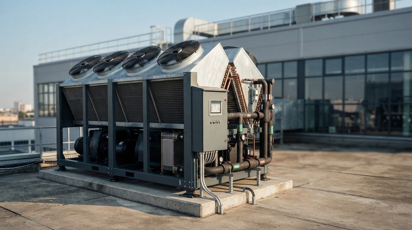 AI Design for Wide campaign hero photograph for Air Cooled Water Chiller 1. The image shows an industrial air-cooled water chiller unit with four large fans mounted on a galvanized steel frame. It features a dark grey support structure, exposed copper piping, and an integrated electronic control panel, set on a concrete rooftop. Premium advertising composition with the product as focal point, cinematic lighting, clean negative space on one side for copy to be added later, no rendered words or logos beyond the reference product.
