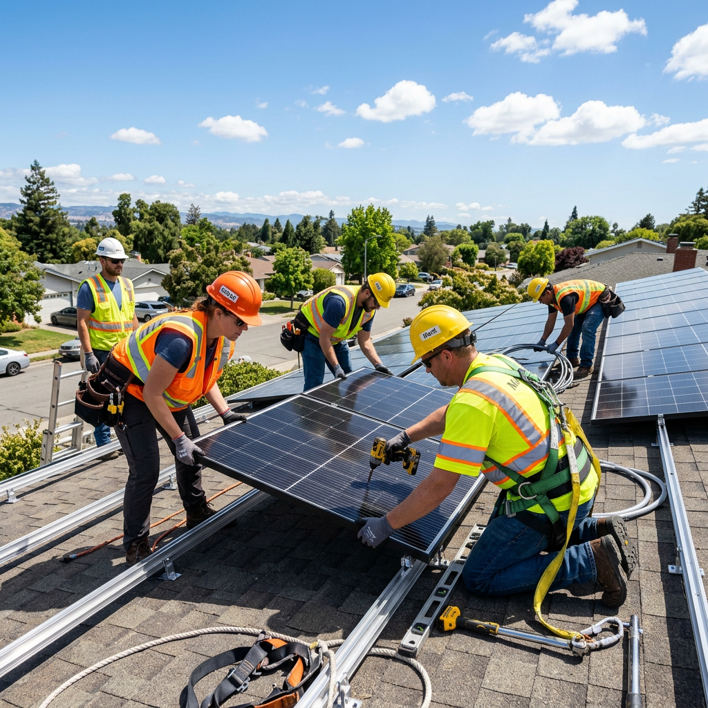 AI Design for A professional engineering team in high-visibility safety vests and hard hats expertly mounting sleek, modern solar panels onto a sunlit residential rooftop. Captured in natural daylight with a clean, crisp composition highlighting the high-tech equipment, vibrant blue sky background, and an authentic, aesthetic documentary photography style.