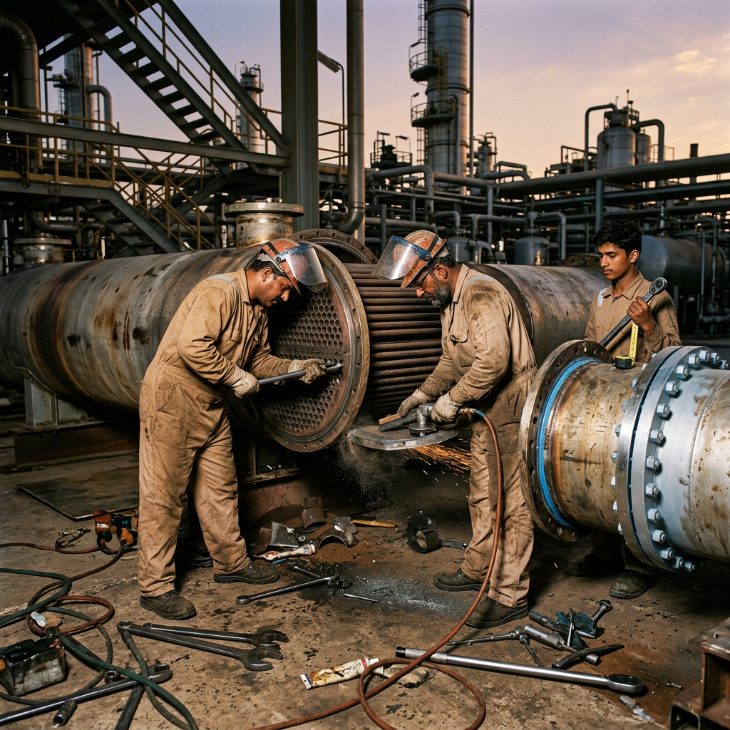 AI Design for Real-world industrial field photography of technicians performing hands-on engineering work on-site. Show the actual work process at ground level—inspection, dismantling, fabrication, repair, installation, tools, pipes, tubes, welding, measurements and equipment details—depending on the service. Capture natural working poses, realistic PPE, dust, wear, tools and authentic industrial conditions. Include a subtle before-to-after progression showing the completed work. Shot like professional documentary photography for an industrial engineering company, natural lighting, realistic colors, unposed workers, authentic machinery, high detail, 16:9 website composition. No futuristic CGI, no glossy showroom, no staged corporate poses, no artificial effects, no text or logos.
people should look indian or saudi
Service: Shell & Tube Heat Exchanger