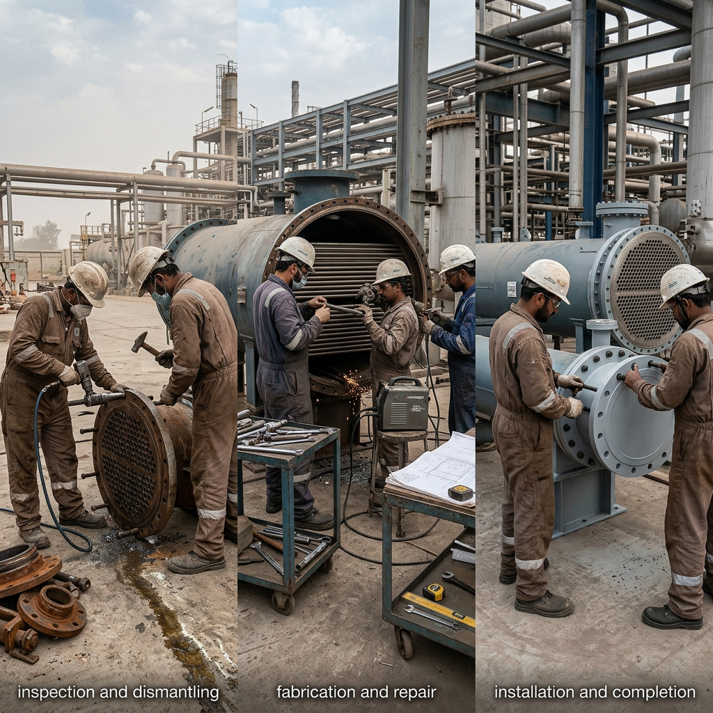 AI Design for Real-world industrial field photography of technicians performing hands-on engineering work on-site. Show the actual work process at ground level—inspection, dismantling, fabrication, repair, installation, tools, pipes, tubes, welding, measurements and equipment details—depending on the service. Capture natural working poses, realistic PPE, dust, wear, tools and authentic industrial conditions. Include a subtle before-to-after progression showing the completed work. Shot like professional documentary photography for an industrial engineering company, natural lighting, realistic colors, unposed workers, authentic machinery, high detail, 16:9 website composition. No futuristic CGI, no glossy showroom, no staged corporate poses, no artificial effects, no text or logos.
people should look indian or saudi
Service: Shell & Tube Heat Exchanger
