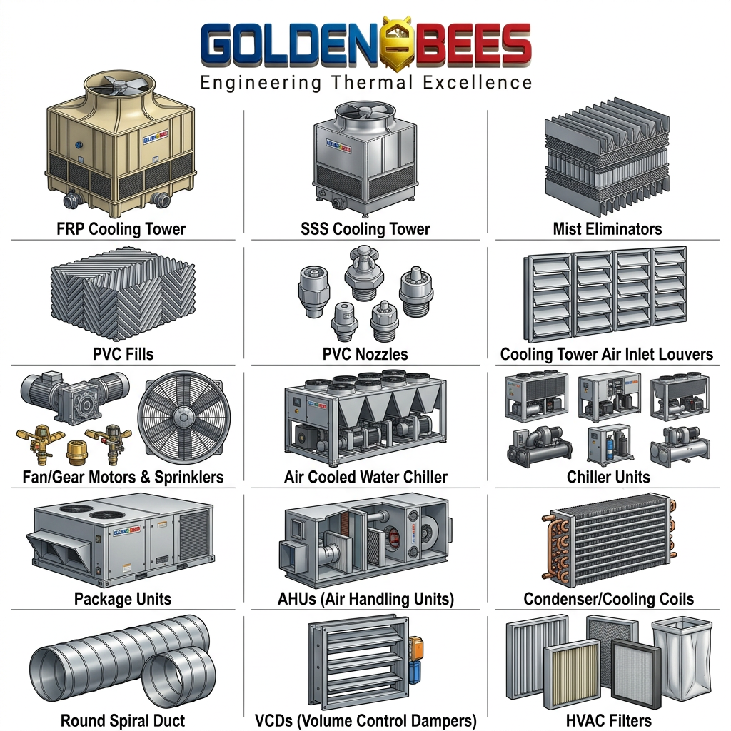 AI Design for I need all these products images
Name
FRP Cooling Tower
SSS Cooling Tower
Mist Eliminators
PVC Fills
PVC Nozzles
Cooling Tower Air Inlet Louvers
Fan/Gear Motors & Sprinklers
Air Cooled Water Chiller
Chiller Units
Package Units
AHUs (Air Handling Units)
Condenser/Cooling Coils
Round Spiral Duct
VCDs (Volume Control Dampers)
HVAC Filters