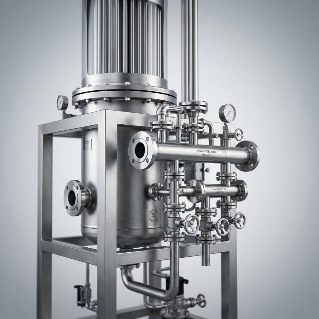 Professional studio product photography of a {{product: Evaporators
Industrial evaporators for refrigeration, food processing and chemical applications. Engineered for reliable performance in demanding operating environments.}}, captured with crisp industrial lighting against a clean, neutral gradient background. Focus on the intricate metallic textures, polished steel surfaces, and precision engineering details, utilizing a shallow depth of field to emphasize the structural complexity. High-resolution, sharp focus, commercial aesthetic suitable for a technical catalog or website hero banner.