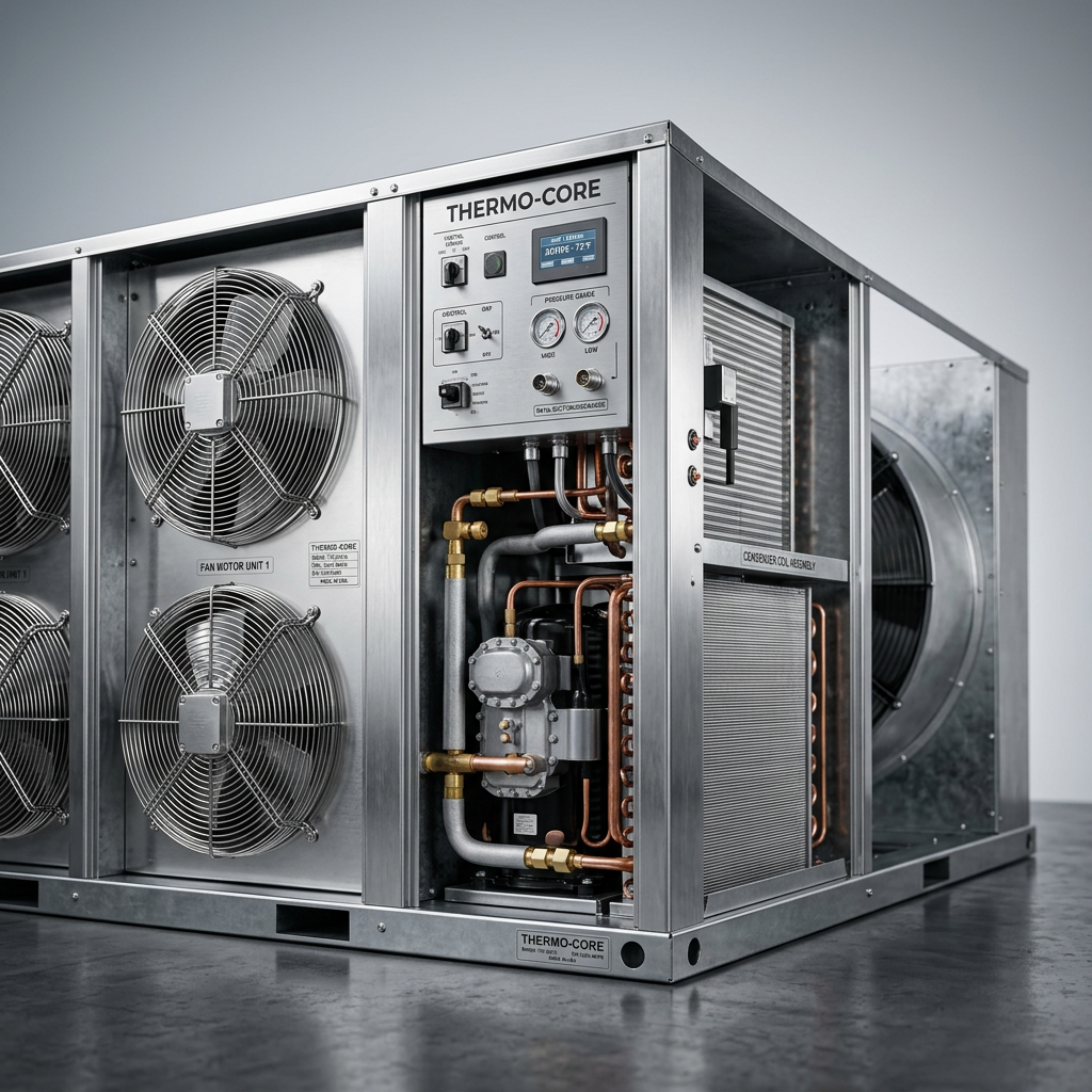 Professional studio product photography of a {{product: Heating & Cooling Equipment}}, captured with crisp industrial lighting against a clean, neutral gradient background. Focus on the intricate metallic textures, polished steel surfaces, and precision engineering details, utilizing a shallow depth of field to emphasize the structural complexity. High-resolution, sharp focus, commercial aesthetic suitable for a technical catalog or website hero banner.