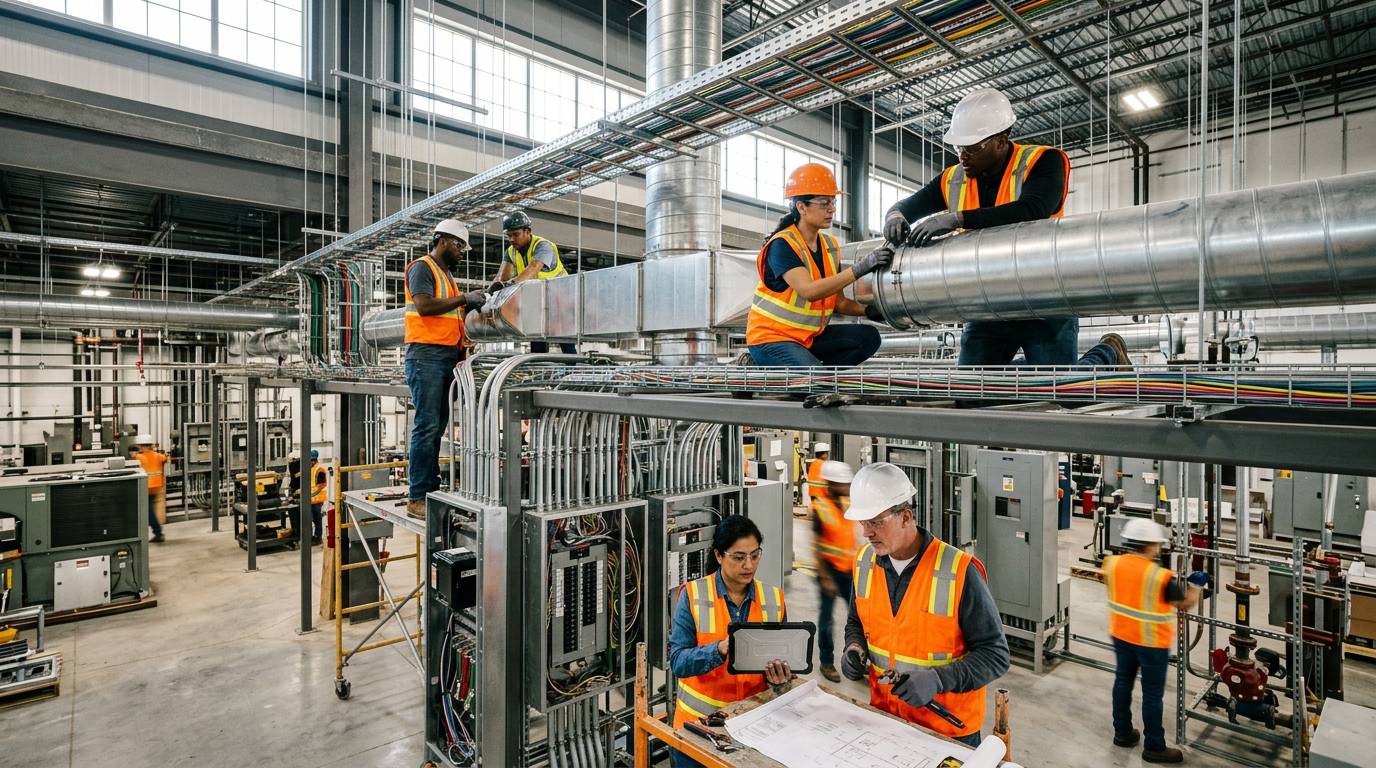 A professional wide-angle shot of a diverse team of engineers in high-visibility safety gear performing a complex MEP installation inside a modern industrial facility. The scene features exposed ductwork and intricate electrical conduits, captured with natural morning light filtering through high windows, emphasizing the technical precision and collaborative effort of the commissioning process.
