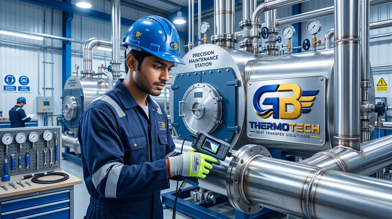 A professional, high-detail industrial photography shot featuring a skilled Indian engineer in modern safety gear performing precision maintenance on complex fire-tube and water-tube boilers. The composition captures a clean, well-lit workshop with sharp focus on intricate steel piping, weld inspection tools, and mechanical textures. The lighting is crisp and cool, emphasizing the polished iron surfaces and conveying an atmosphere of technical expertise, reliability, and professional industrial service.