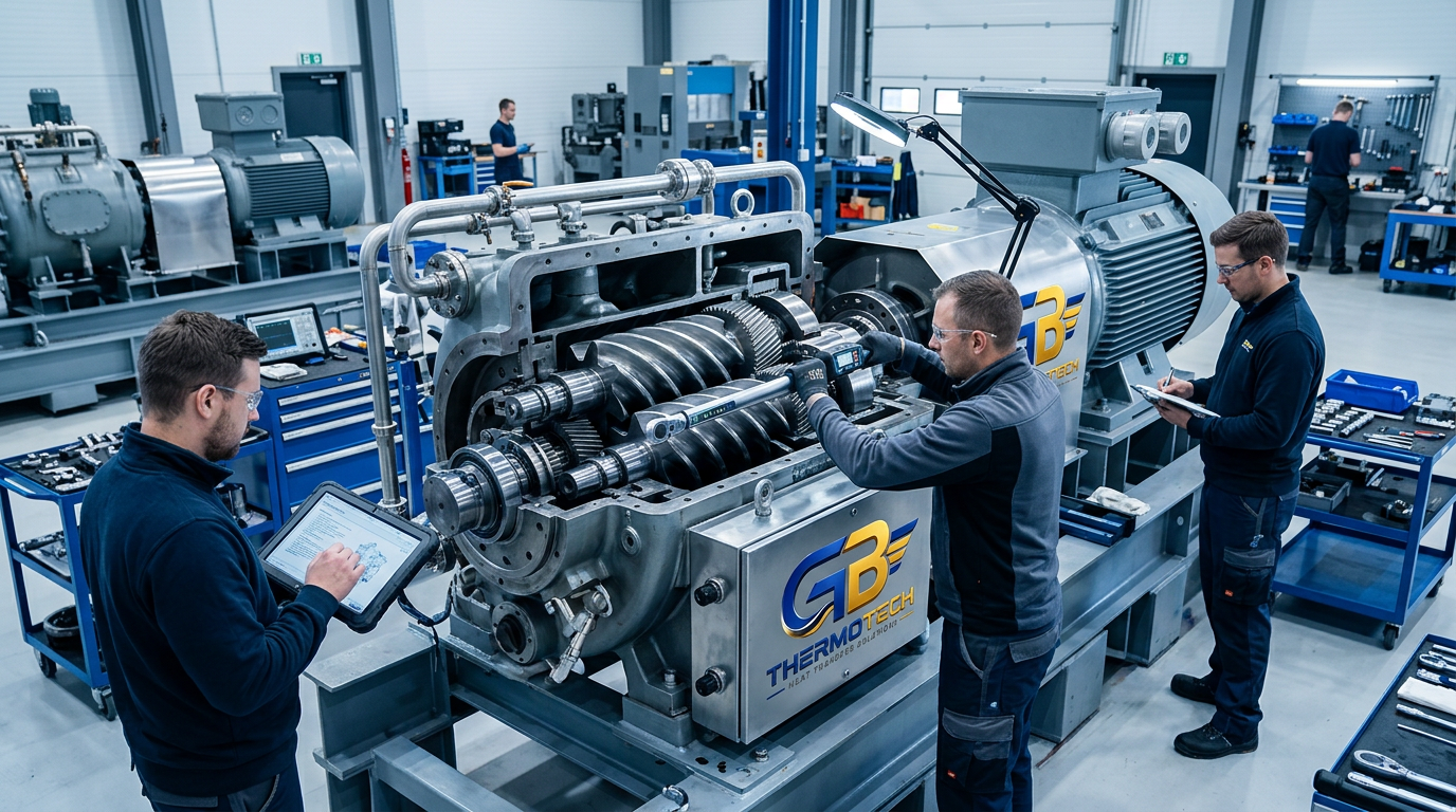 A high-detail industrial photography shot showcasing a professional team of engineers and technicians performing a precision overhaul on a large-scale industrial compressor in a clean, brightly lit workshop. The scene highlights the complex internal mechanism with partial disassembly, featuring focused workers using specialized tools, while the {{GB THERMO LOGO BRANDING}} is prominently placed on a clean equipment housing or workbench. The atmosphere is professional and methodical, captured with a sharp focus, cinematic lighting, and a cool-toned palette that emphasizes metallic textures and technical accuracy.