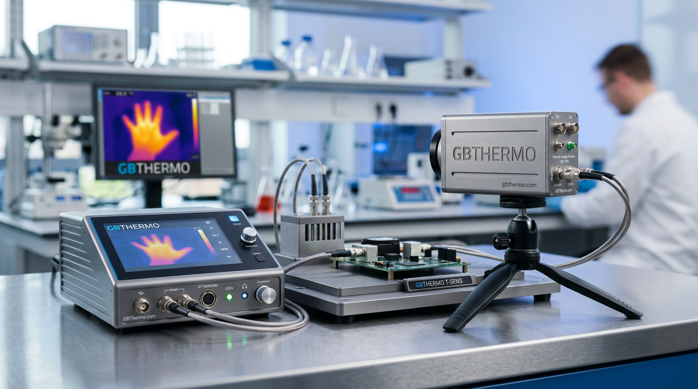 A professional, high-end product photography shot of gbthermo.com branding and thermal technology equipment. The scene features a clean, modern laboratory setting with sleek metallic textures, soft blue ambient lighting, and sharp focus on the engineering precision of the hardware, captured with a professional 85mm lens for a shallow depth of field.