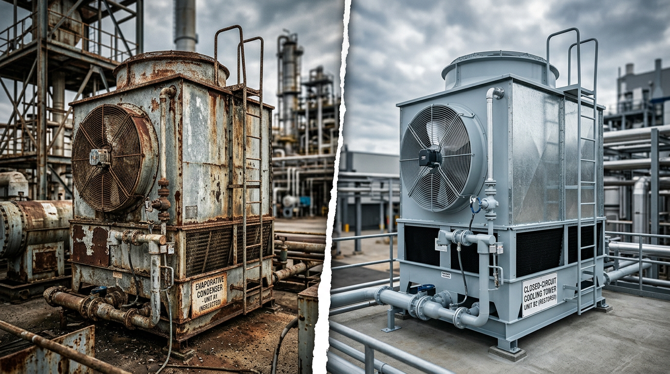 A high-detail split-screen comparison of industrial evaporative condensers and closed-circuit cooling towers. The left side displays a weathered, corroded unit showing signs of industrial wear, while the right side features a pristine, restored unit in a clean, professional maintenance state. Cinematic lighting, sharp focus, industrial setting with a depth-of-field background, emphasizing the contrast between neglected hardware and professional refurbishment.