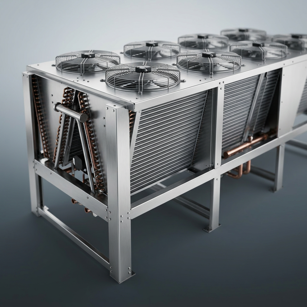 Professional studio product photography of a {{product: Dry Coolers
Dry coolers for closed-loop cooling systems where water usage must be minimised. Suitable for data centres, power plants and industrial processes.}}, captured with crisp industrial lighting against a clean, neutral gradient background. Focus on the intricate metallic textures, polished steel surfaces, and precision engineering details, utilizing a shallow depth of field to emphasize the structural complexity. High-resolution, sharp focus, commercial aesthetic suitable for a technical catalog or website hero banner.