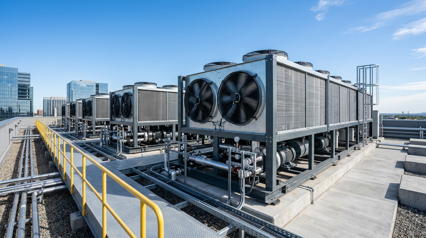 A high-end architectural shot of industrial Air-Cooled Condensers installed on a clean, modern rooftop facility under a clear blue sky. The composition emphasizes the technical precision and metallic textures of the equipment, showcasing professional fabrication and large-scale engineering, bathed in soft, natural daylight with a shallow depth of field to highlight the industrial design.